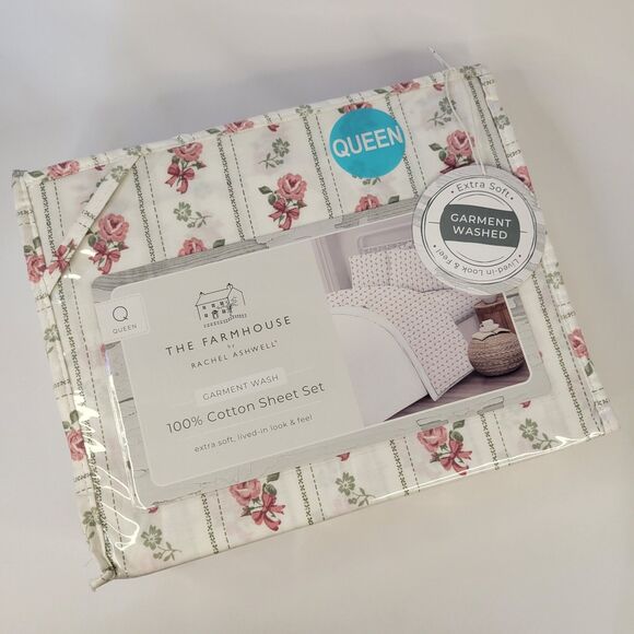 R Ashwell Farmhouse Shabby Chic QUEEN Sheet Set Pink Green Floral White Cotton